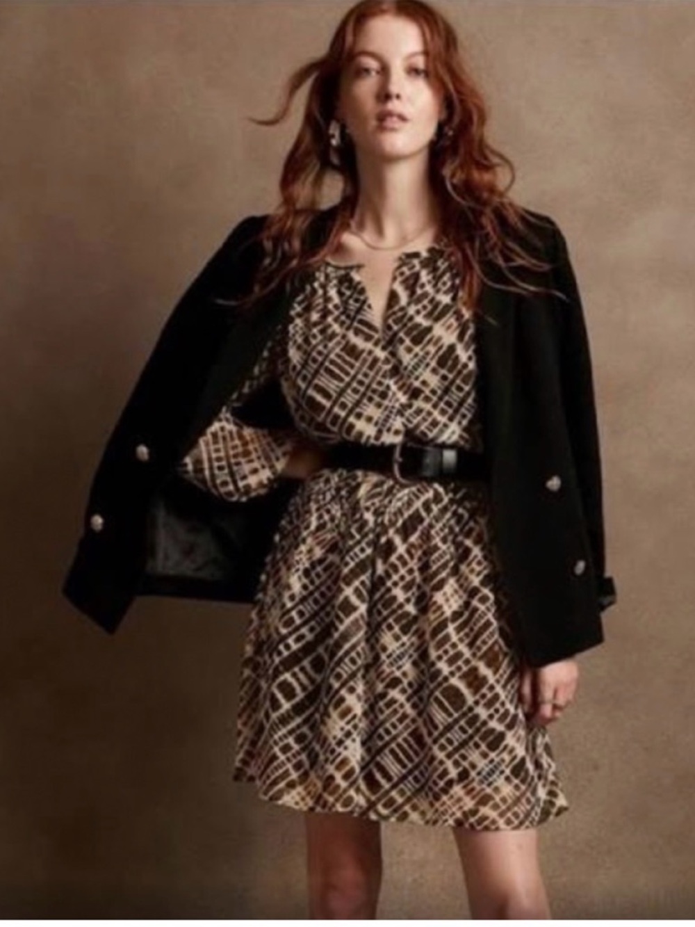 Banana Republic Printed Brown and Black Fit and Flare Mini Dress
